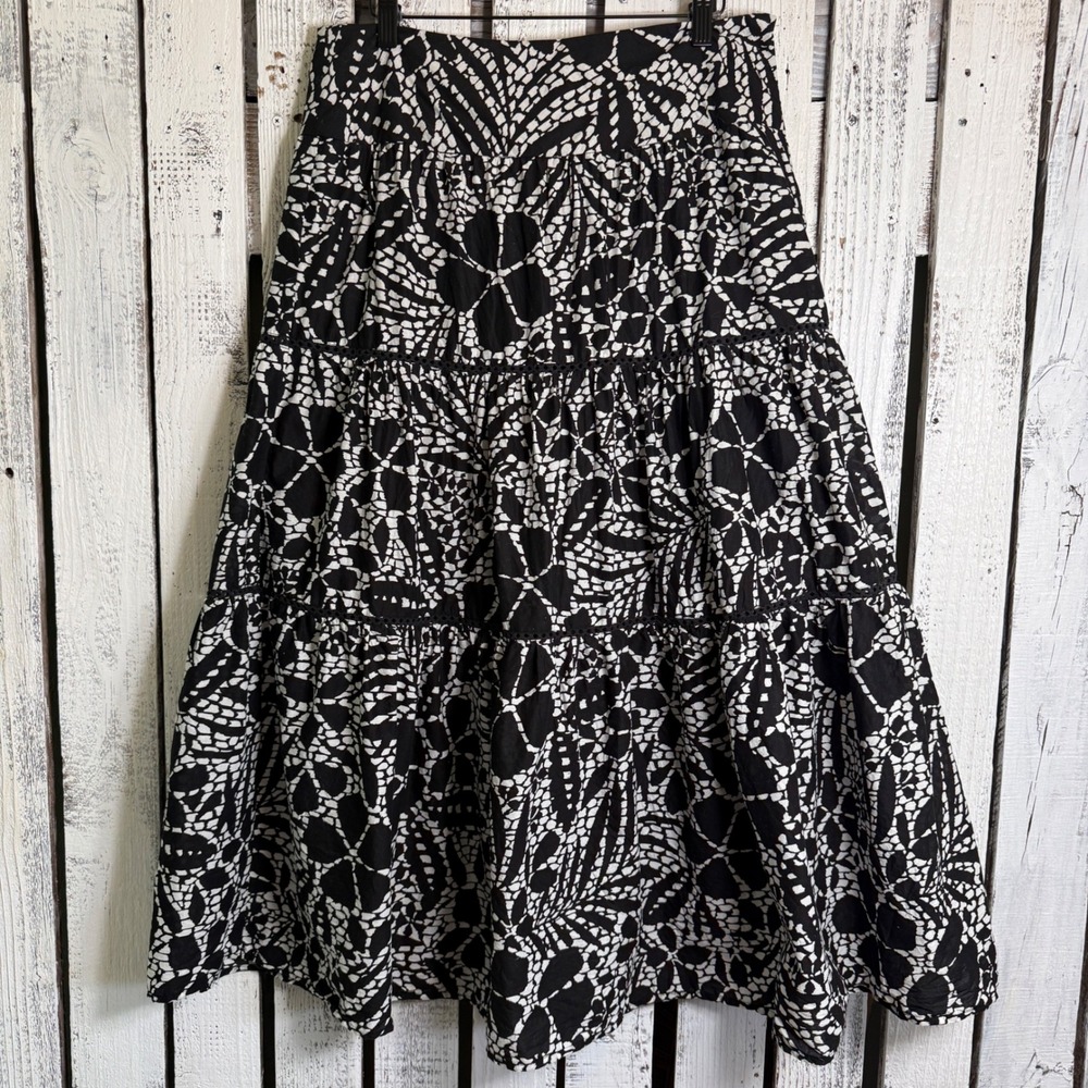 Jones New York Floral Maxi Broom Skirt Size 8 Black White Cotton Lace‎ Trim Boho